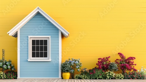 A blue house with a window and a yellow wall. The house is surrounded by flowers. Scene is cheerful and inviting