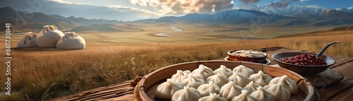 A dish of Mongolian buuz with steamed dumplings filled with minced meat photo