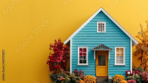 A blue house with yellow trim sits in front of a yellow wall. The flowers in the front yard are yellow and orange, adding a pop of color to the scene