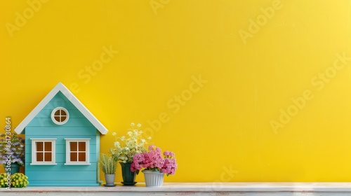 A blue house with a white roof sits on a yellow wall. The house is surrounded by potted plants and flowers
