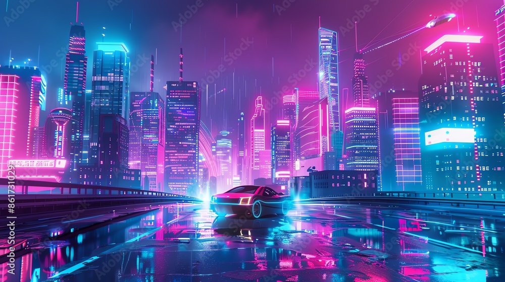 Futuristic Cityscape at Twilight with Flying Vehicles and Neon Lights Futuristic Cityscape at Twilight with Flying Vehicles and Neon Lights