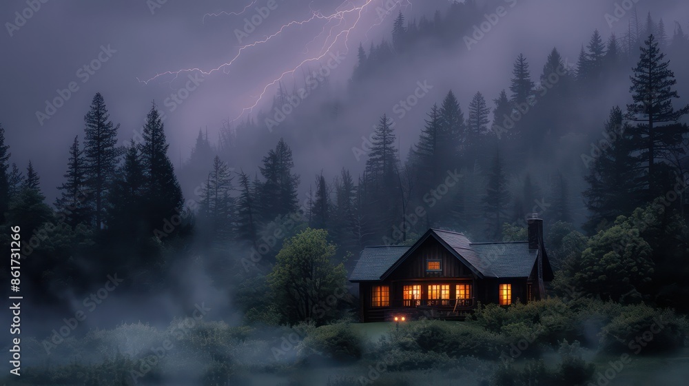 A small cabin is nestled in the woods, surrounded by trees and fog. The atmosphere is peaceful and serene, with the cabin providing a cozy retreat from the outside world A small cabin is nestled in the woods, surrounded by trees and fog. The atmosphere is peaceful and serene, with the cabin providing a cozy retreat from the outside world