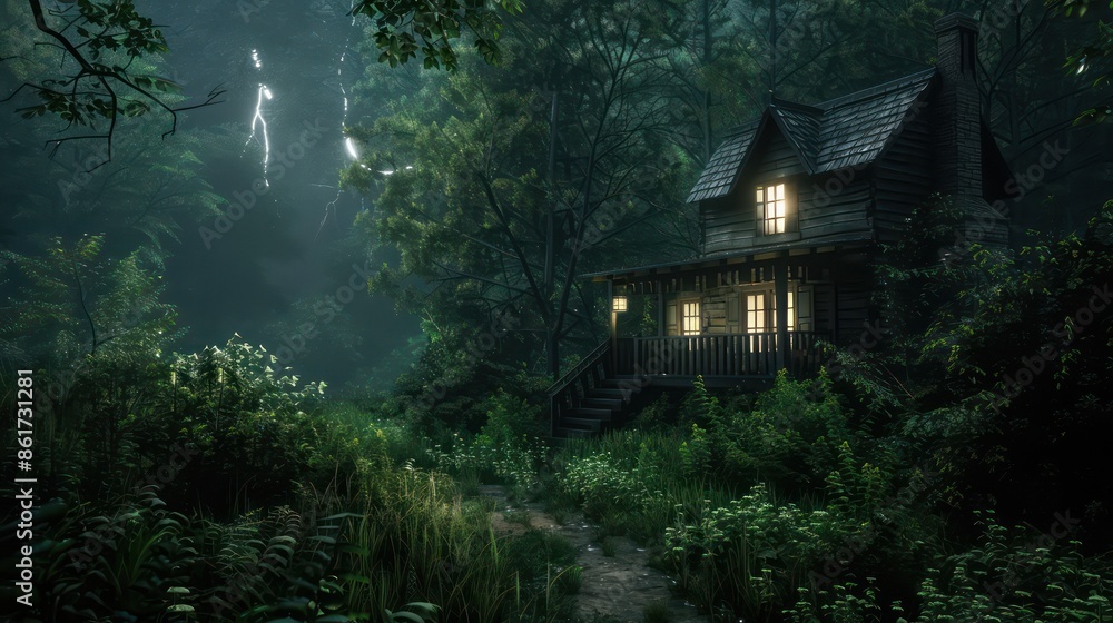 A house is shown in a forest at night. The house is surrounded by trees and has a porch. Scene is eerie and mysterious A house is shown in a forest at night. The house is surrounded by trees and has a porch. Scene is eerie and mysterious