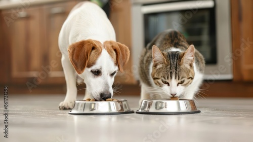 Two dogs and a cat are eating from two different bowls. The dog is eating from a bowl on the left, while the cat is eating from a bowl on the right