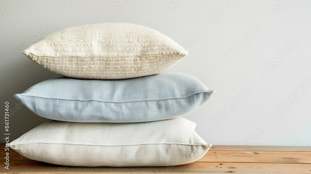 Stack of fluffy pillows in cotton and linen pillow cases on wood table white wall background. Scandinavian style. Banner with copy space Stack of fluffy pillows in cotton and linen pillow cases on wood table white wall background. Scandinavian style. Banner with copy space