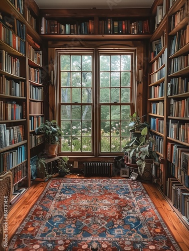 a classy bohemian bookshelf with many books, dimly lit photo