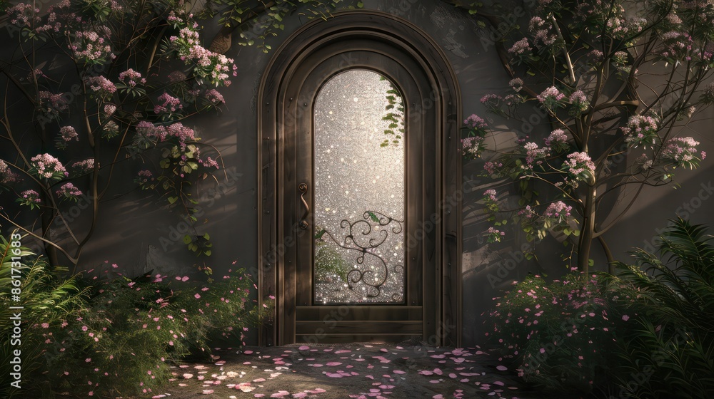 A door with a window in the middle of a garden. The door is open and the window is covered in a frosted glass. The garden is filled with flowers and plants, creating a peaceful and serene atmosphere A door with a window in the middle of a garden. The door is open and the window is covered in a frosted glass. The garden is filled with flowers and plants, creating a peaceful and serene atmosphere