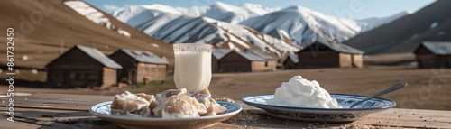 A glass of Kyrgyz kumis with fermented mares milk, served chilled, set on a wooden table with a backdrop of a snowy Kyrgyz village photo