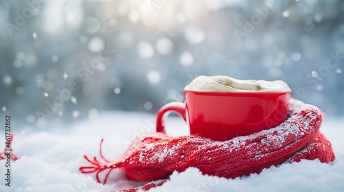 A red mug filled with snowy froth, warmly wrapped in a red scarf, placed in snowy outdoors representing warmth, coziness, and the beauty of winter season. photo