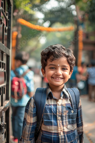 modern indian kids, coming out of school gate with happiness,generative ai