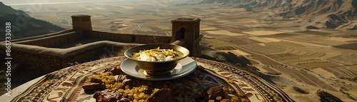 A plate of Afghan qabuli palaw with rice, raisins, and tender lamb, served in a rustic bowl, set on a table with a view of the Afghan meadows and ancient ruins photo