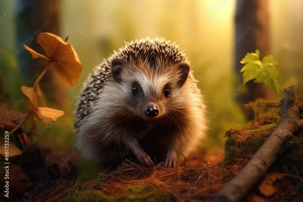 A small hedgehog is standing in the woods, surrounded by fallen leaves and twigs. Concept of peacefulness and tranquility, as the hedgehog appears to be enjoying its natural habitat A small hedgehog is standing in the woods, surrounded by fallen leaves and twigs. Concept of peacefulness and tranquility, as the hedgehog appears to be enjoying its natural habitat