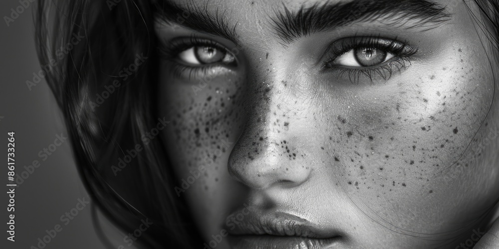 Fototapeta premium A close-up shot of a woman's face featuring distinctive freckles