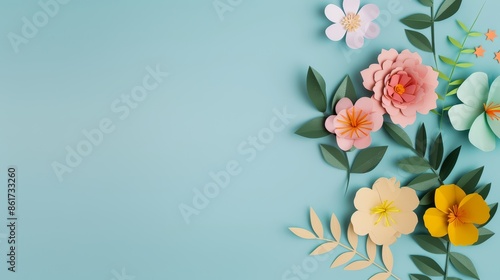 Colorful paper cut flowers in pink, yellow, and orange, green leaves, top view on a serene blue background with ample copy space, detailed shadows for depth