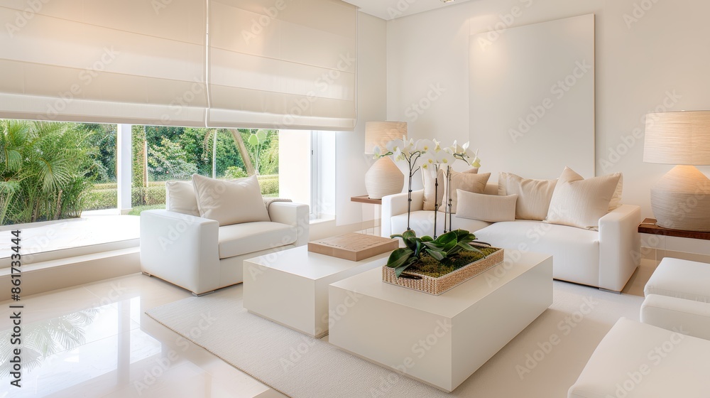 Fototapeta premium Cream-colored living room with soft, warm lighting, plush seating, and a cozy ambiance, perfect for unwinding and enjoying a peaceful evening at home