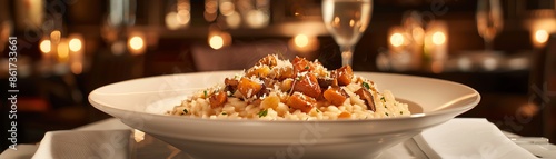 A plate of creamy risotto with mushrooms and Parmesan cheese photo
