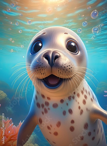 3D cute seal underwater, smile