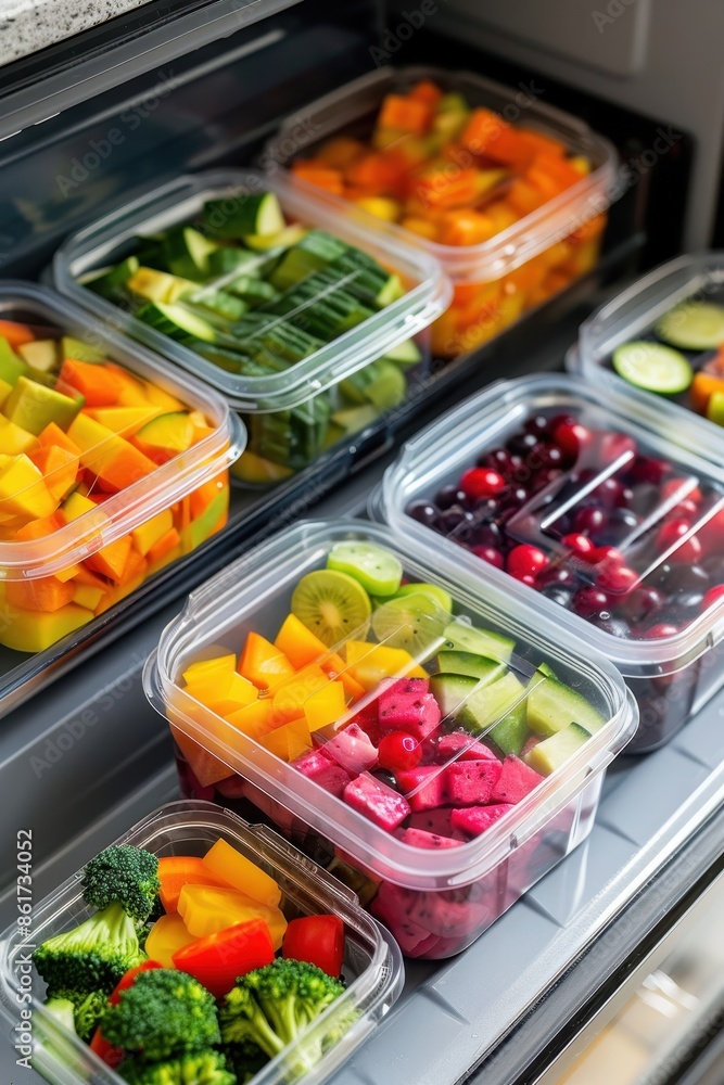 Refrigerator filled with lunch boxes Refrigerator filled with lunch boxes