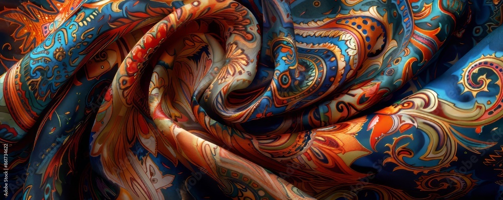 A intricate paisley pattern adorning a scarf, its swirling lines and vibrant colors mesmerizing the eye. A intricate paisley pattern adorning a scarf, its swirling lines and vibrant colors mesmerizing the eye.
