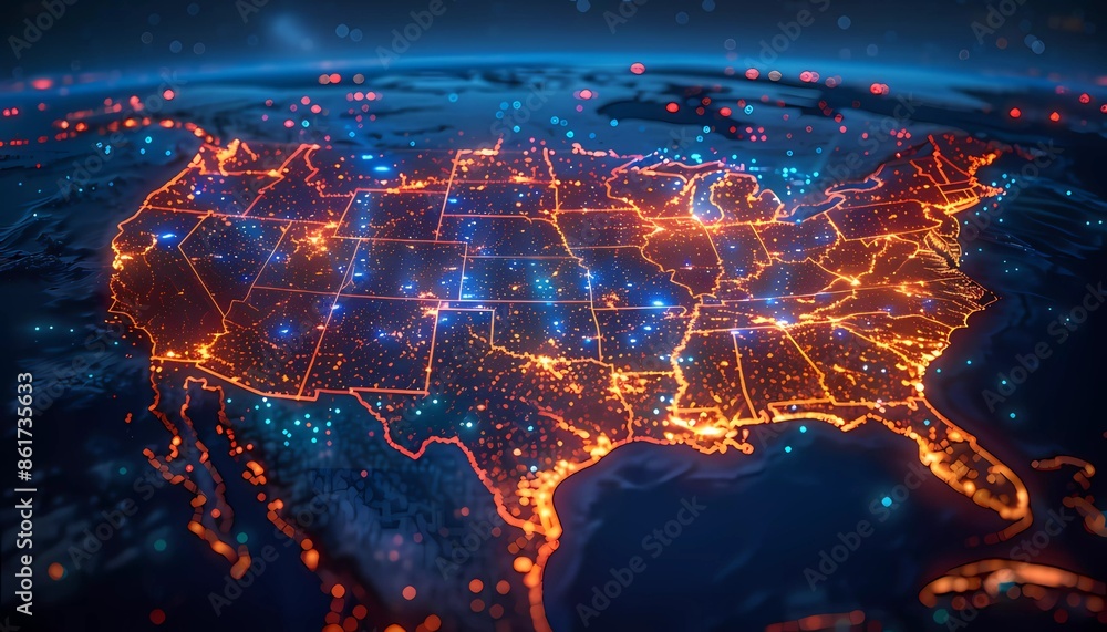 Silicon Valleys of the North, map of North America highlighted with multiple regions resembling Silicon Valley, clusters of advanced data centers. Silicon Valleys of the North, map of North America highlighted with multiple regions resembling Silicon Valley, clusters of advanced data centers.