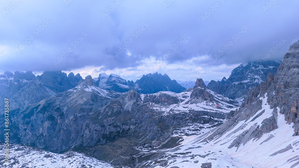 Naklejka premium Drone photos taken in June of the Tre Cime Natural Park located in the South Tyrol region of the Italian Dolomite where the snow did not melt