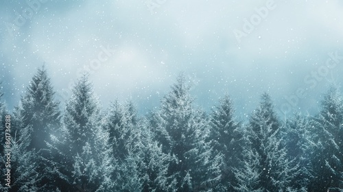 A breathtaking winter landscape with majestic pine trees covered in snow, standing tall against a sky filled with soft falling snowflakes.