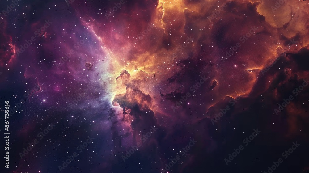Naklejka premium A colorful space scene with a large cloud of purple and orange. The stars are scattered throughout the image, with some closer to the foreground and others further away. Scene is one of wonder and awe