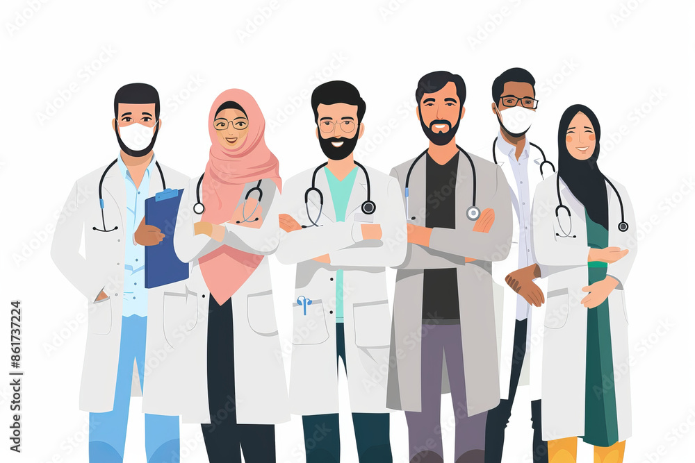 group of indian doctors male and females, on the white background smiling and looking stright on the you , female doctors wear black hijab.generative ai group of indian doctors male and females, on the white background smiling and looking stright on the you , female doctors wear black hijab.generative ai