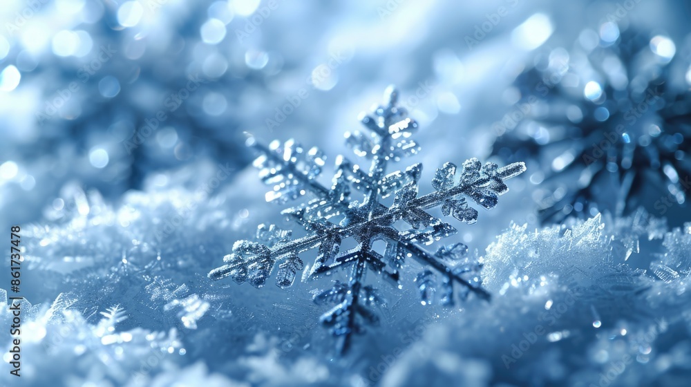A snowflake is on top of a snow covered ground. The snowflake is surrounded by other snowflakes, creating a beautiful and serene winter scene A snowflake is on top of a snow covered ground. The snowflake is surrounded by other snowflakes, creating a beautiful and serene winter scene