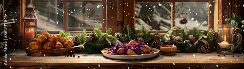 A serving of Danish frikadeller, pork meatballs with boiled potatoes and red cabbage, arranged on a white plate, placed on a wooden table in a cozy cabin with snowcovered windows photo