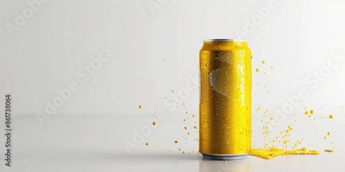 A can of beer is sitting on a table with a white background. The can is half full and has a few droplets of liquid on it. Concept of relaxation and enjoyment