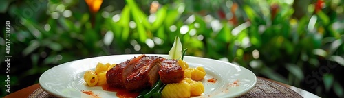 A serving of French Polynesian maaa tinito with pork, green beans, and macaroni, served on a white plate, set on a table with the backdrop of a tropical garden photo