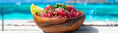 A serving of Hawaiian poke with fresh ahi tuna, seaweed, and sesame seeds, served in a wooden bowl, placed on a table with a backdrop of Waikiki Beach and Diamond Head © peeradol