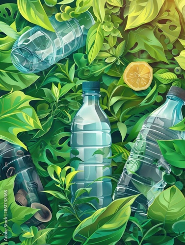 A bottle of water is surrounded by green leaves and a lemon. The bottle is placed in the middle of the image, with the lemon and leaves surrounding it. Concept of environmental awareness