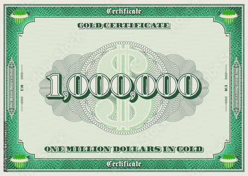Vector gold certificate in denomination of one million dollars. Frames with guilloche pattern mesh. US currency. Fictional vintage banknote. Nominal of banknote is 1000000.