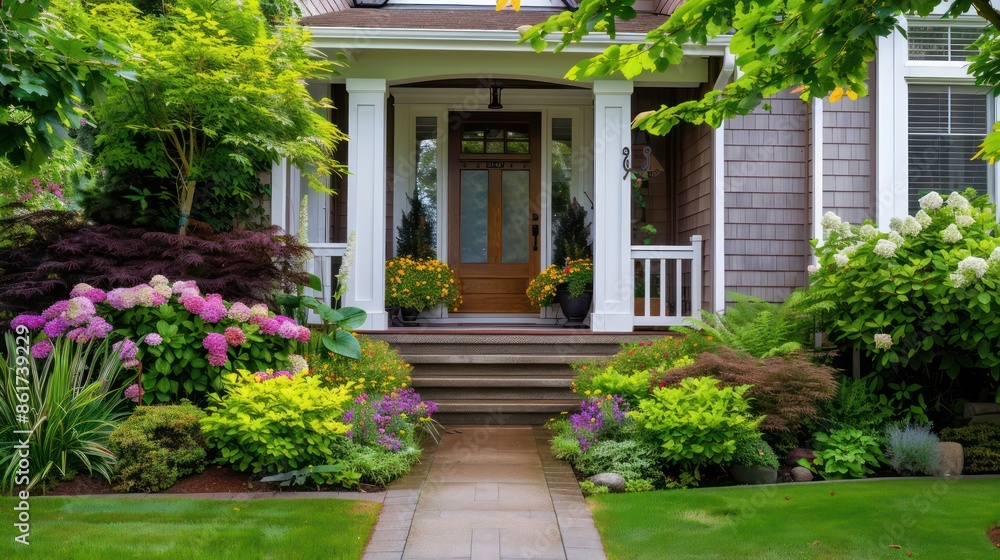 A house with a beautiful garden and a white porch. The garden is full of flowers and plants, and the porch has a wooden railing. The house has a welcoming and inviting atmosphere A house with a beautiful garden and a white porch. The garden is full of flowers and plants, and the porch has a wooden railing. The house has a welcoming and inviting atmosphere