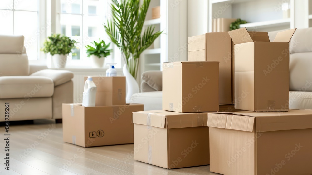 A room with a lot of boxes stacked on the floor. The boxes are brown and are piled up in a corner