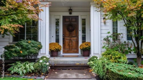 A house with a porch and a wreath on the door. The porch is decorated with potted plants and a wooden walkway. The house is surrounded by trees and bushes, giving it a cozy and welcoming atmosphere