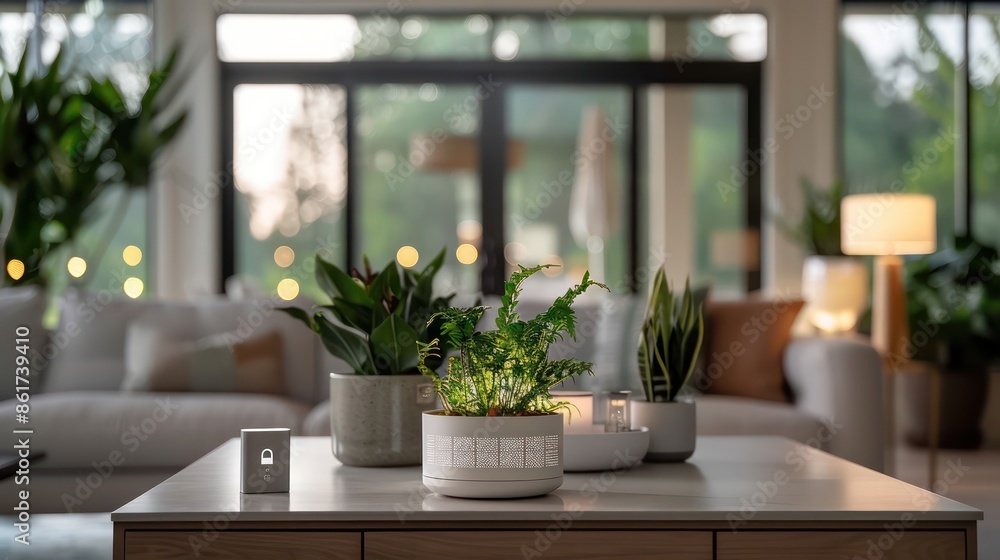 A table with a potted plant and a few other plants on it. The table is in a living room with a couch and a chair. Scene is calm and relaxing A table with a potted plant and a few other plants on it. The table is in a living room with a couch and a chair. Scene is calm and relaxing