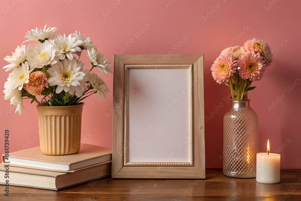 Blank Photo Frame Mockup with flowers in vase on the table copy space Blank Photo Frame Mockup with flowers in vase on the table copy space