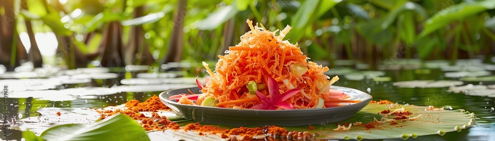 A serving of Surinamese pom with grated root vegetables A serving of Surinamese pom with grated root vegetables