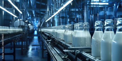 A factory line of milk bottles is being filled