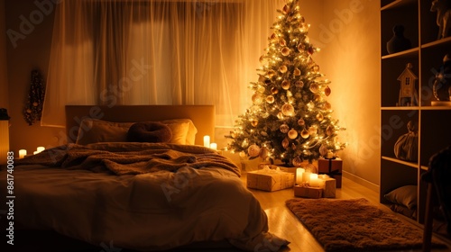 A warmly lit bedroom showcasing a beautifully decorated Christmas tree with soft lights and ornaments, surrounded by presents, creating a festive atmosphere. © nopommajun