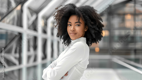 A woman with curly hair is standing in a hallway with her arms crossed