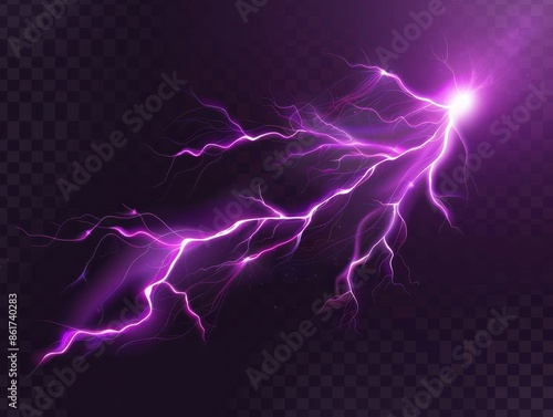 Lightnings, purple thunderbolt strikes at night. Electric impact effects, thunderstorm sparking discharges isolated on transparent background, vector realistic illustration