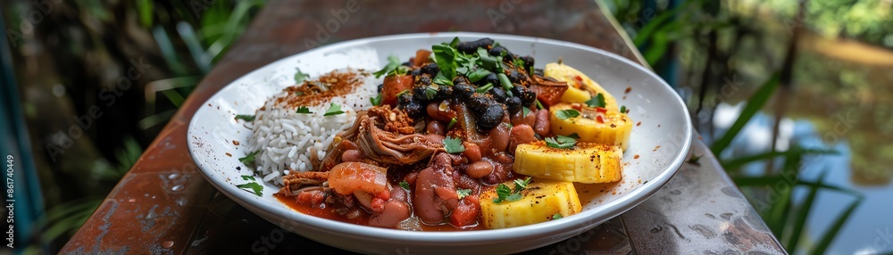 A serving of Venezuelan pabellon criollo with shredded beef A serving of Venezuelan pabellon criollo with shredded beef