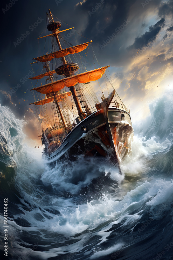 Obraz premium A sailboat navigating rough seas, symbolizing seafarers' bravery.
