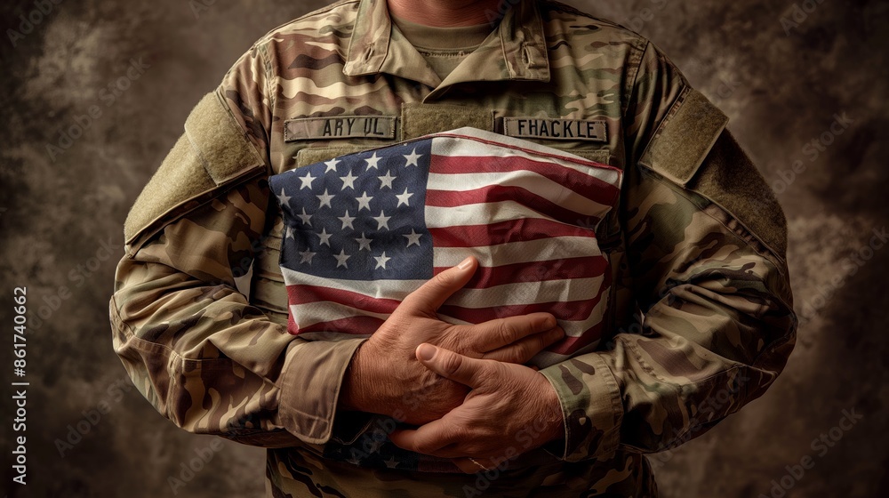 A person in military attire grasping the American flag tightly, symbolizing pride, loyalty, and dedication to the United States service and country. A person in military attire grasping the American flag tightly, symbolizing pride, loyalty, and dedication to the United States service and country.