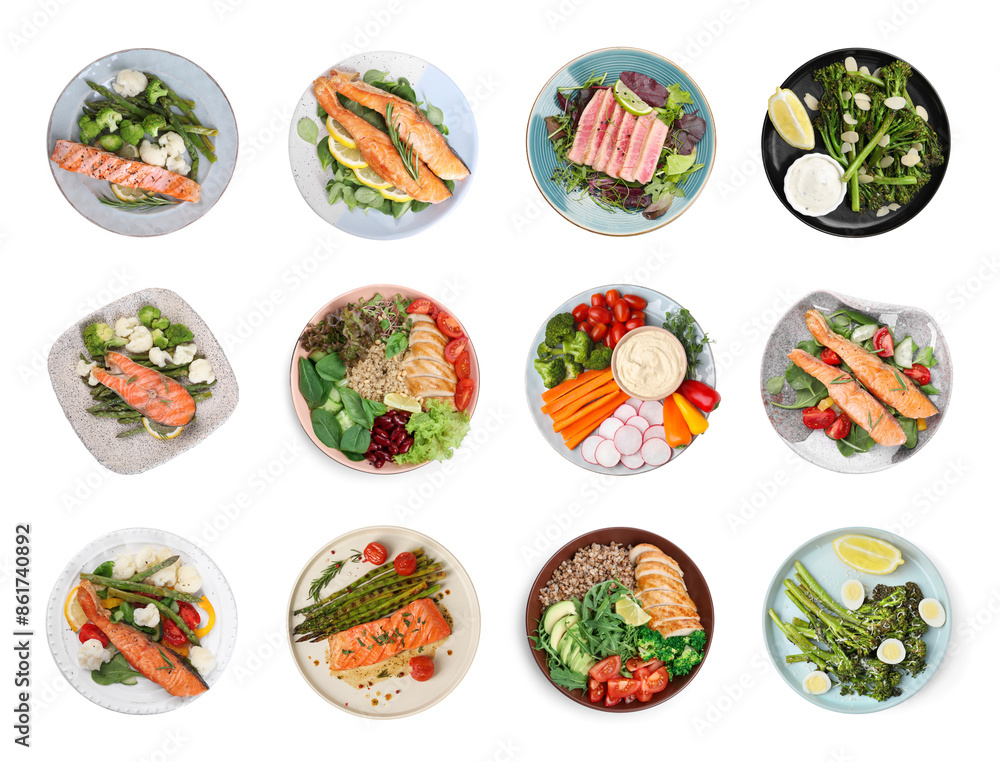 Set of different healthy meals on white background, top view Set of different healthy meals on white background, top view