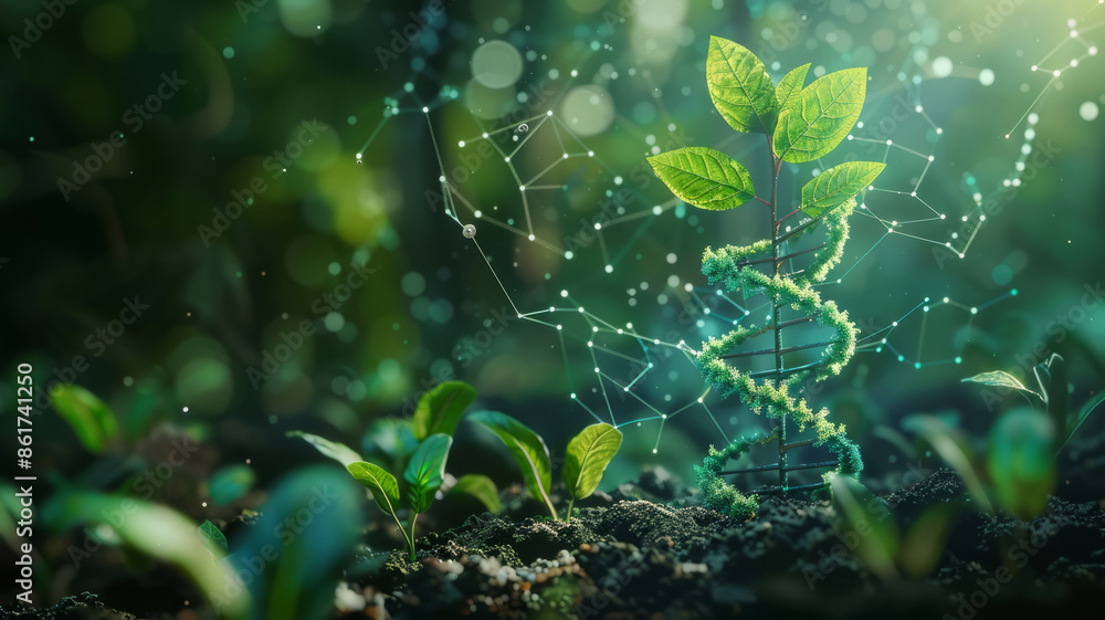 Concept of green biotechnology or synthetic biology, graphic of plant combined with DNA shape.generative ai Concept of green biotechnology or synthetic biology, graphic of plant combined with DNA shape.generative ai